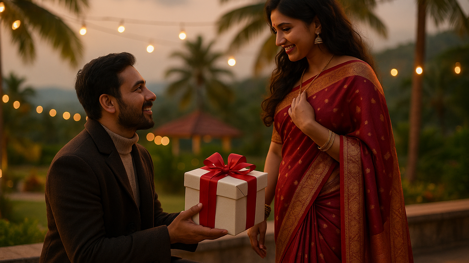 Indian husband wife at holiday looking to each other with full of love & emotion, giving exclusivesurprise box to her on his knees with Red Ribbons packing on it , wife in romantic Saree and husband in coat pant