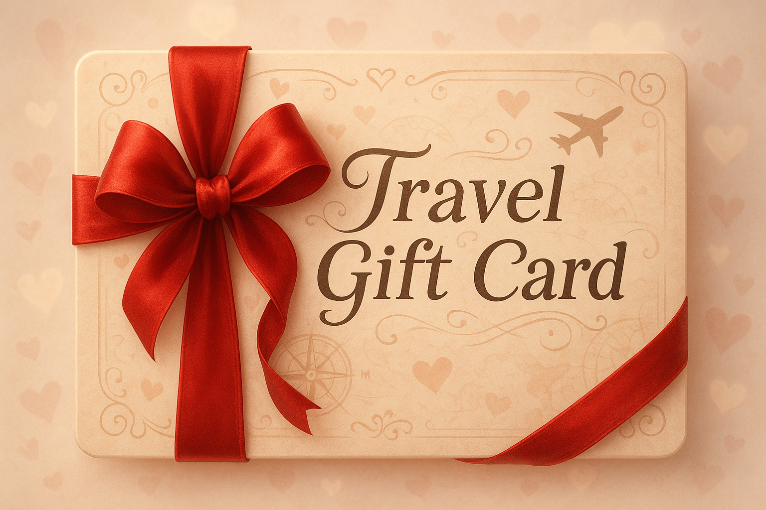 Travel Gift Card Image with text Travel gift Card also red ribbons packing on it, make romantic with light background